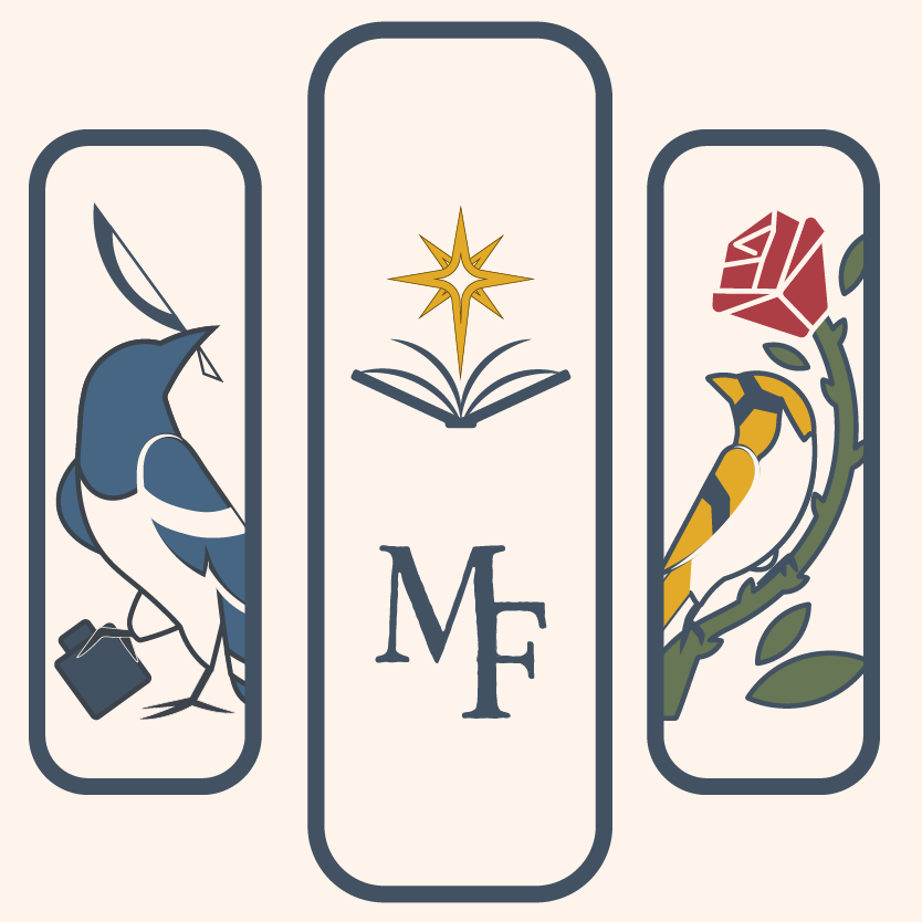 Magpie and Finch Publishing House logo, golden finch and rose, magpie and inkwell, monogram, and book and star icon, a book and  art store connecting artist and writers to consumers.