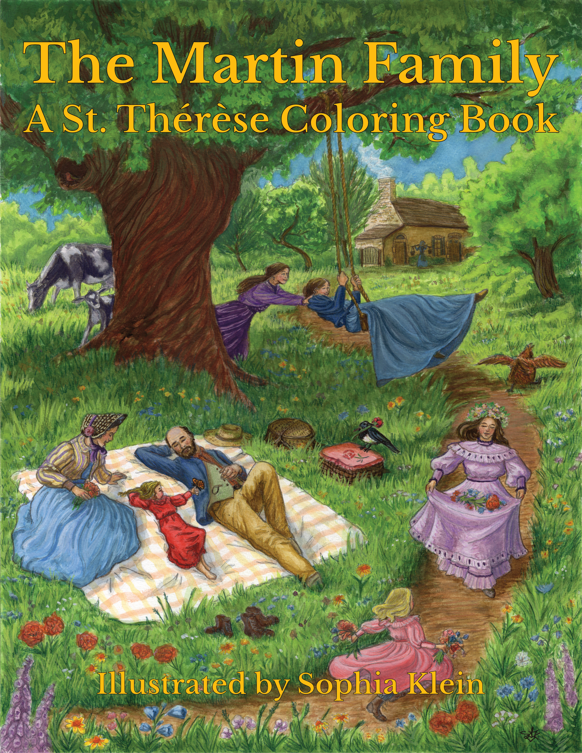 Front cover of 'The Martin Family: A St. Thérèse Coloring Book' featuring a colorful illustrated outdoor picnic scene. Illustrated by Sophia Klein, published by Magpie and Finch